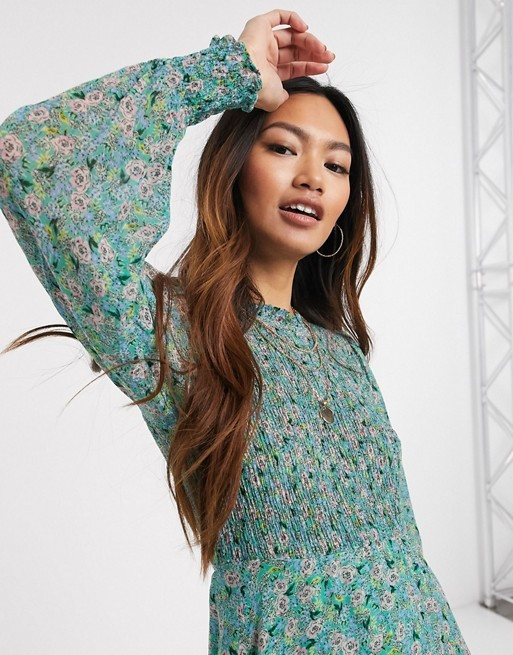 Ghost tilly georgette floral shirred top midi dress in blue | ASOS (Global)
