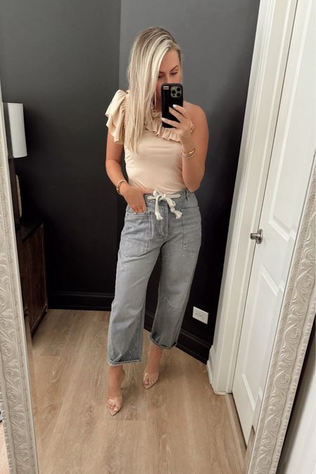 Date night outfit! Top is Amazon and comes in 4 colors. 
Wearing small.

Jeans I’m in my tts, but need to size down.

Summer outfits. Summer top. Date night outfit. Baggy jeans. Sandals. Jeans. 

#LTKStyleTip #LTKSaleAlert #LTKFindsUnder50