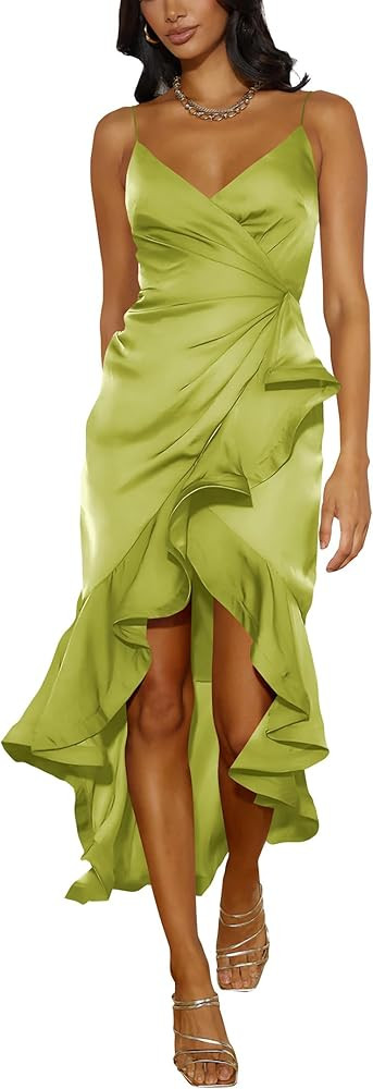 Nova In Sky Womens 2024 Sexy V-Neck Satin Party Cocktail Midi Dress Sleeveless Wrap Ruffle Mermai... | Amazon (US)