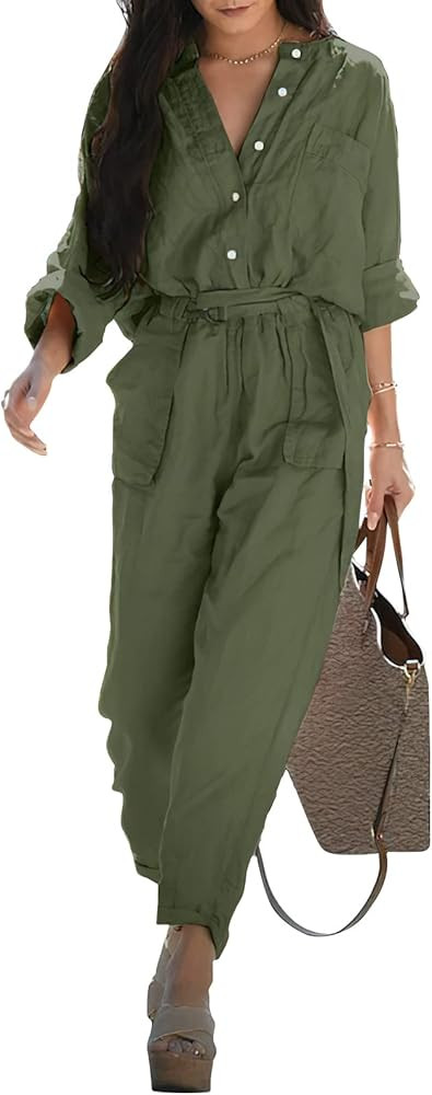 chouyatou Women's Spring Summer Long Sleeve Jumpsuits Casual Utility Jumpsuits Romper Pants | Amazon (US)