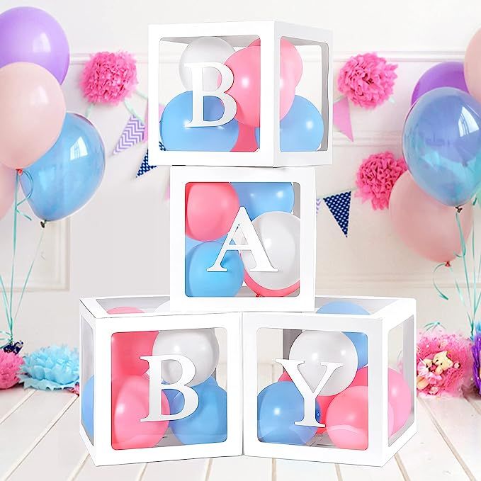 Baby Shower Decorations for Girl Boy 4pcs Baby Boxes with 30 Letters (A-Z + BABY) Transparent Bal... | Amazon (US)