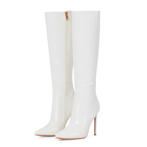 Elisabet Tang 4 inch Women's Knee High Long Boots, Stiletto Tall Pointed Toe Heeled Boot Leather Suede Comfortable Sexy White Size 9.5 | Amazon (US)