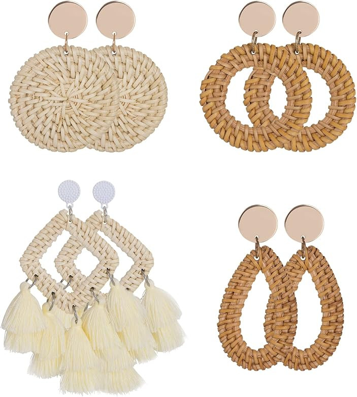 Rattan Earrings Vintage Dangle Earrings Tassels Bohemian Rattan Hand-woven Earrings Gift for Ladi... | Amazon (UK)