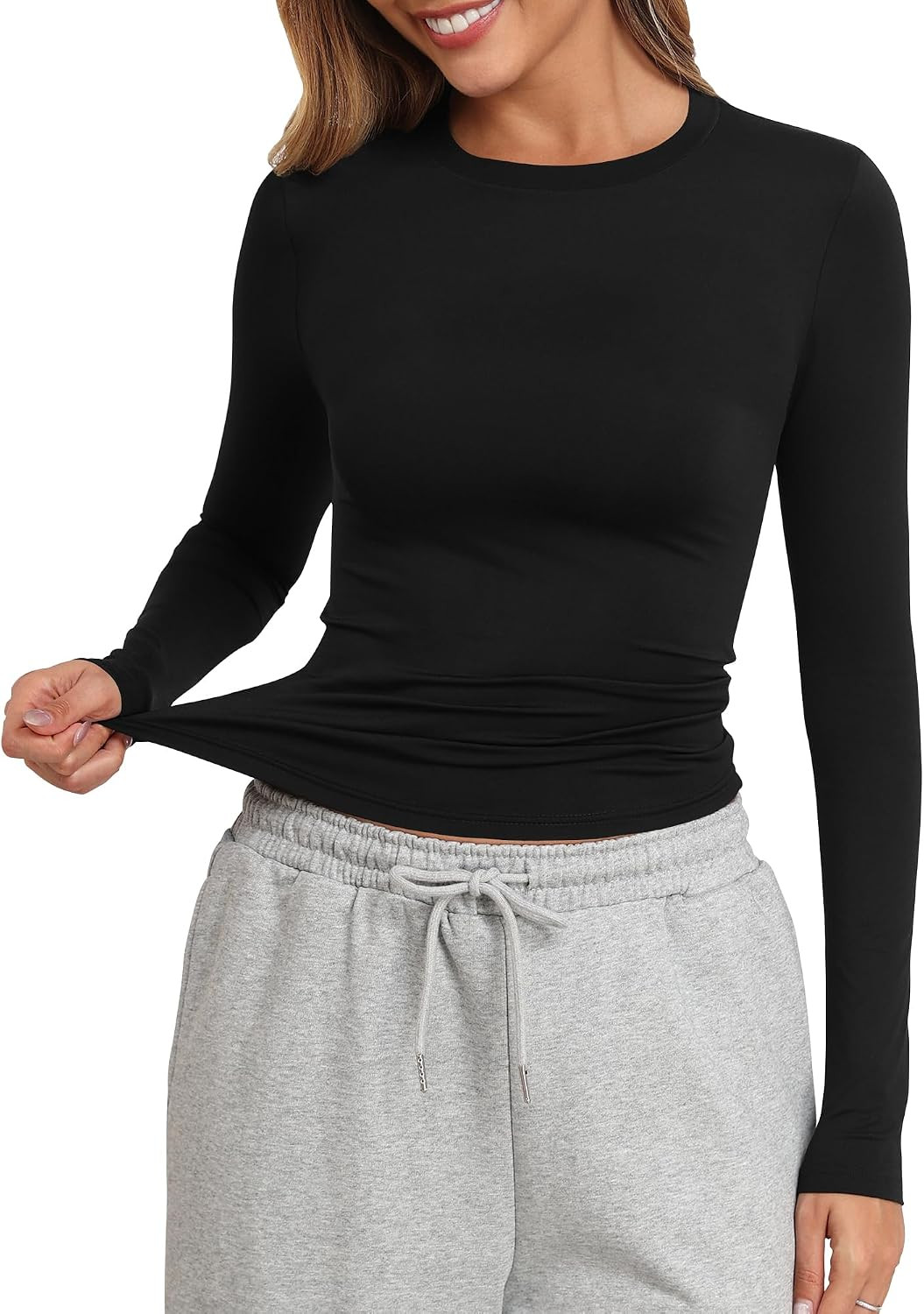 PALINDA Fitted Long Sleeve Shirts for Women Crew Neck Basic Stretchy T-Shirts Casual Layering Tee Shirt Crop Tops | Amazon (US)