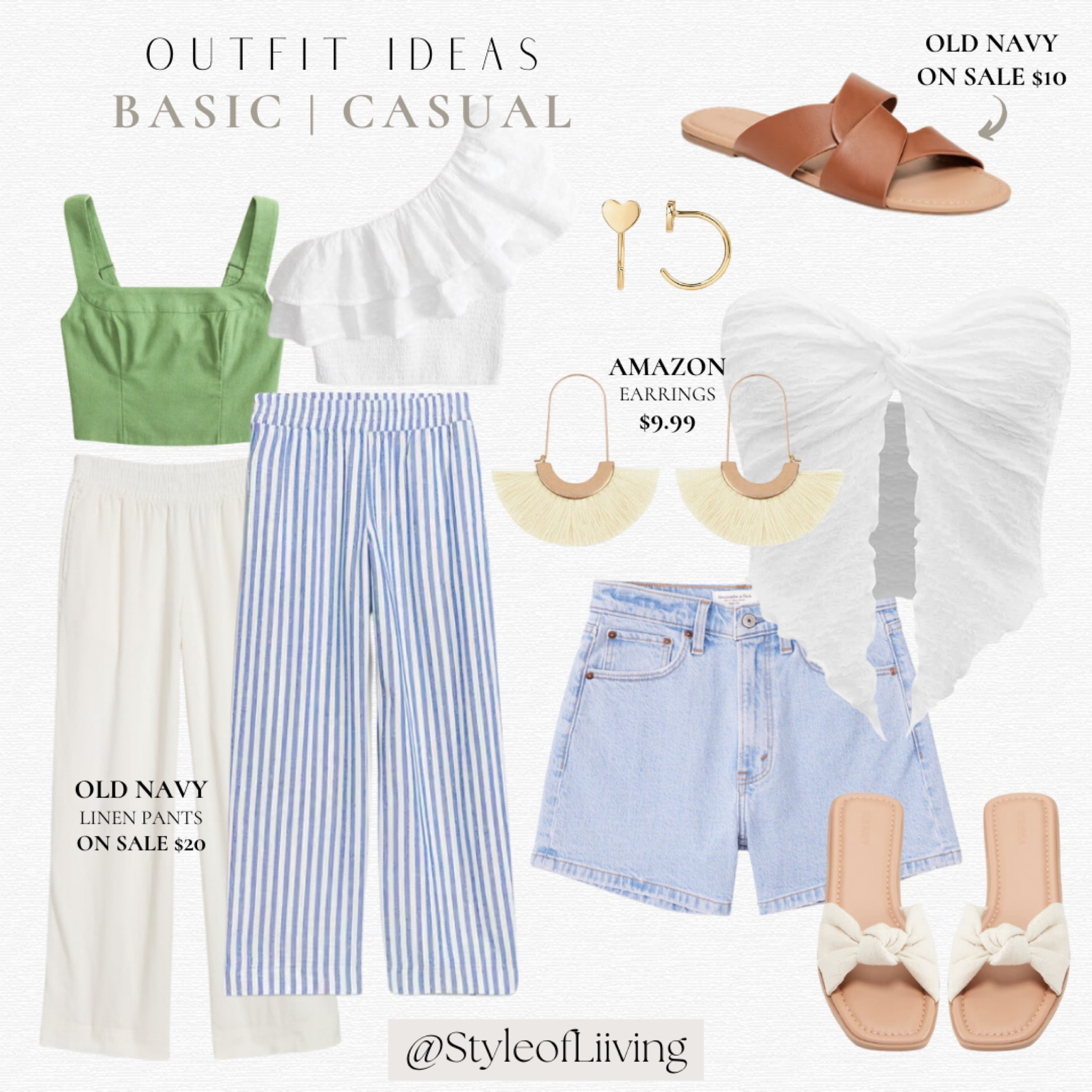 Outfit ideas basic casual for women! Women’s fashion inspiration. Old navy linen pants on sale for $20, Amazon earrings less than $15, sandals on sale for $10, tank tops, one shoulder, strapless, denim shorts from Abercrombie and Fitch. Warm weather, Spring and Summer style. Vacation outfits.

#LTKShoeCrush #LTKStyleTip #LTKSaleAlert