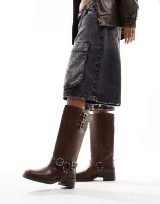 Stradivarius buckle detail biker boot in washed brown | ASOS (Global)
