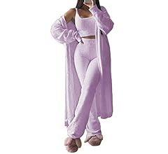 Fixmatti Women's Fuzzy 3 Piece Sweatsuit Open Front Cardigan Crop Tank Tops Wide Legs Pants Loung... | Amazon (US)