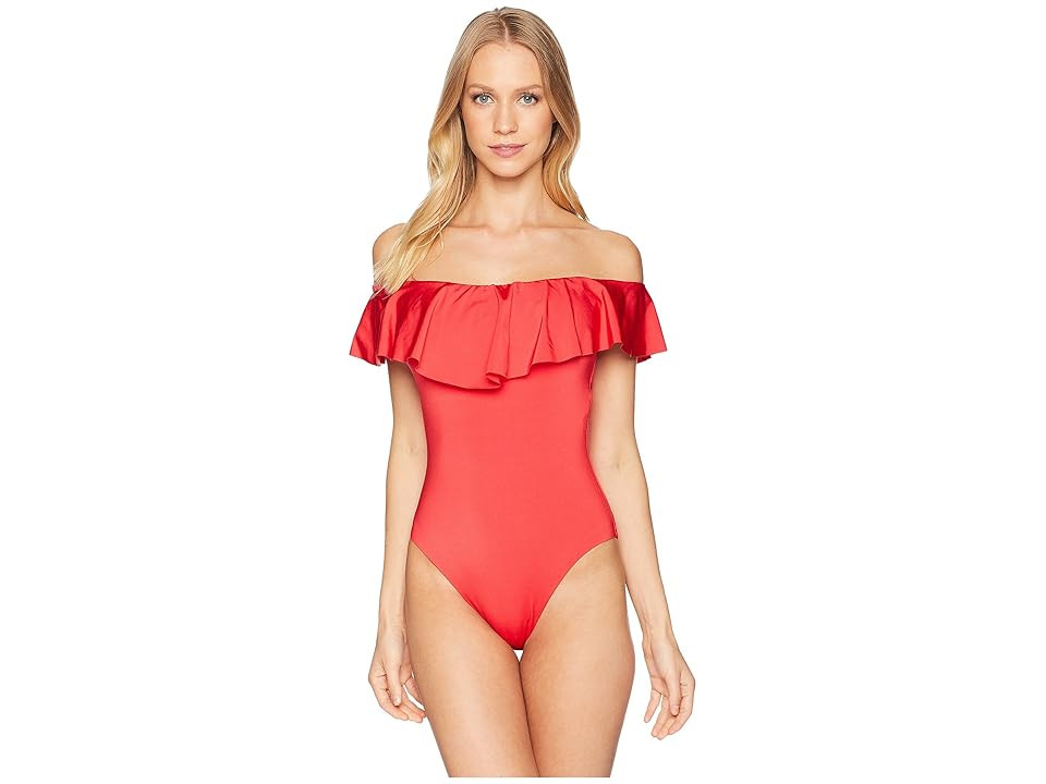 Trina Turk Getaway Solids Off the Shoulder Bandeau One-Piece Swimsuit (Red) Women's Swimsuits One Piece | Zappos