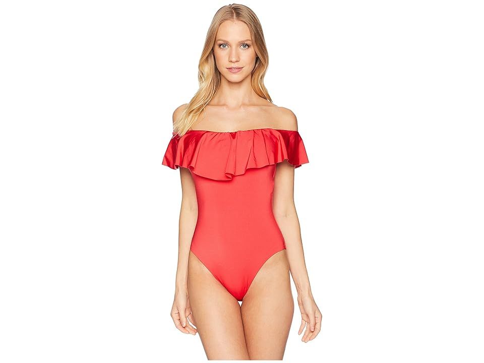 Trina Turk Getaway Solids Off the Shoulder Bandeau One-Piece Swimsuit (Red) Women's Swimsuits One Piece | Zappos
