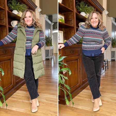 Winter outfit ideas and layers!

Vest size L
Cords size 32
Sweater size L
Blouse size 2.0

#LTKSeasonal #LTKunder100 #LTKHoliday