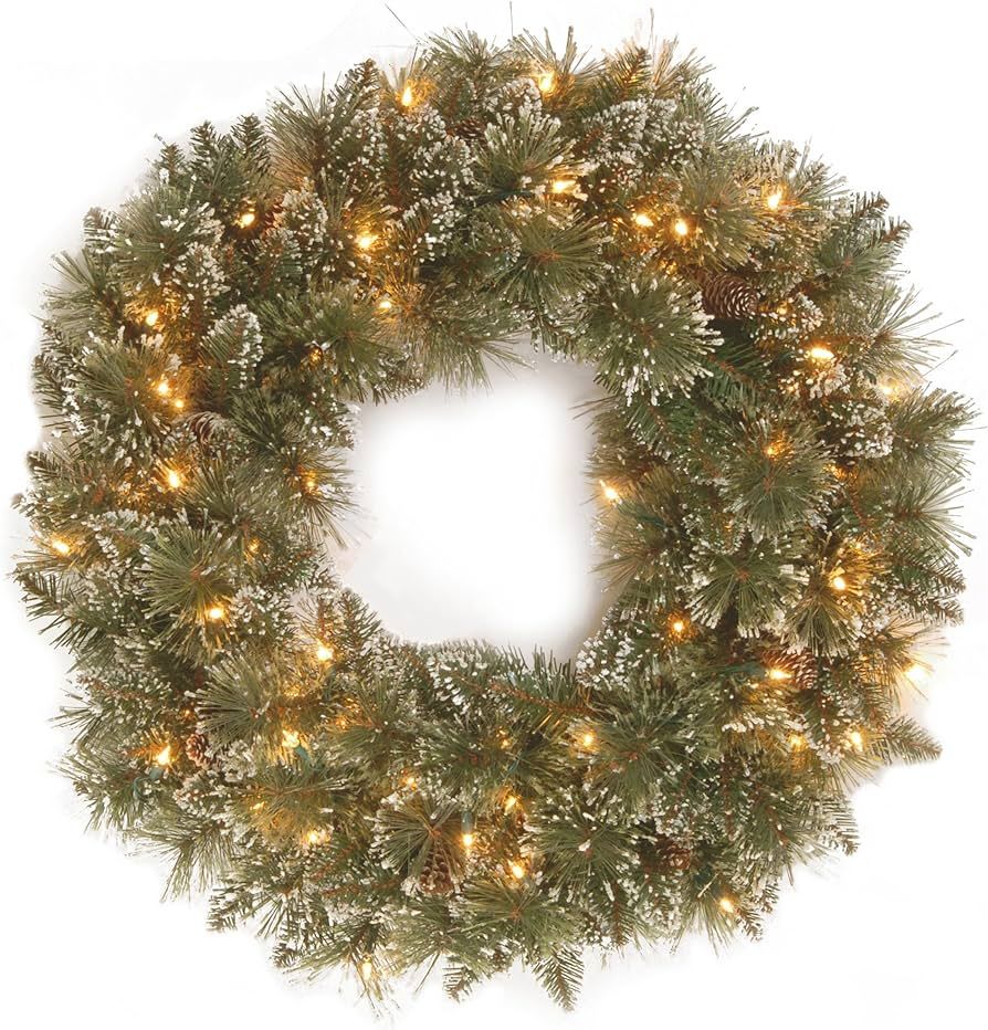 National Tree Company Pre-Lit Artificial Christmas Wreath, Green, Glittery Bristle Pine, White Li... | Amazon (US)