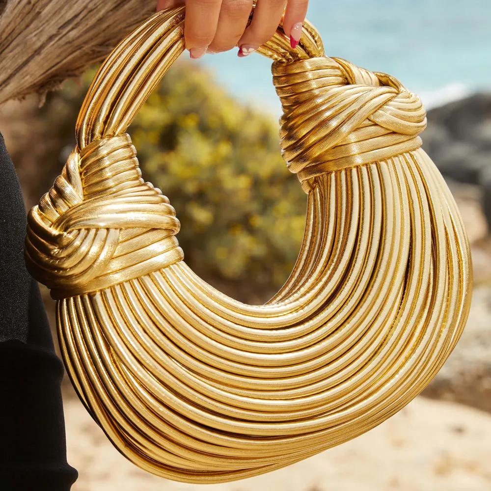 Leif Knotted Detail Strappy Shoulder Bag In Gold Metallic Faux Leather | EGO (UK)