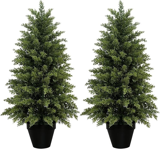 2 Pack 3ft Artificial Cedar Trees for Outdoors (UV Resistant), Potted Faux Cedar Topiary Plants f... | Amazon (US)
