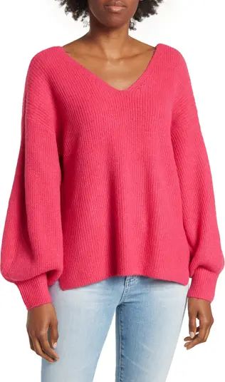 1.STATE V-Neck Balloon Sleeve Lattice Back Rib Knit Sweater | Nordstromrack | Nordstrom Rack