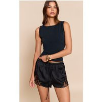 Black Satin Lace Drawstring Shorts | PrettyLittleThing US