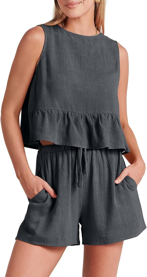 ANRABESS Women’s Summer 2 Piece Outfits Shorts Sets Sleeveless Ruffle Crop Top Tank and Drawstr... | Amazon (US)