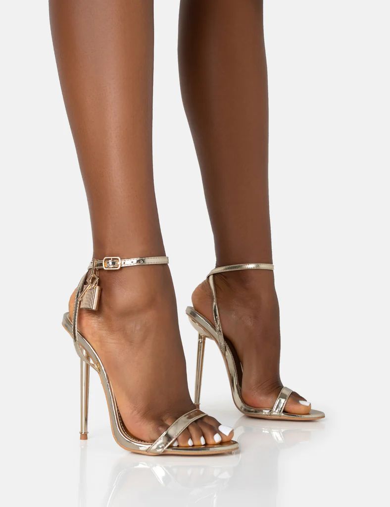 Ti Amo Gold Metallic PU Padlock Detail Barely There Pointed Toe Stilettos Heels | Public Desire