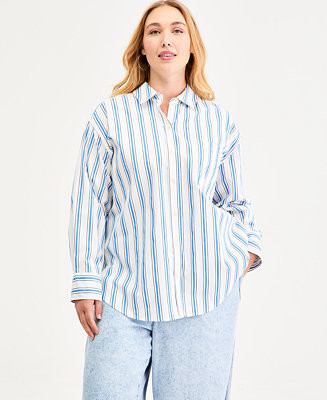 Plus Size Bayside Stripe Button-Front Cotton Shirt | Macy's