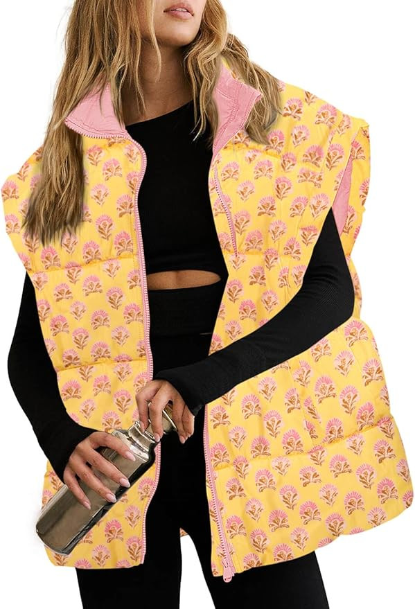 Tankaneo Womens Floral Oversized Puffer Vest Cap Sleeve Winter Warm Puffy Quilted Jackets Coat | Amazon (US)