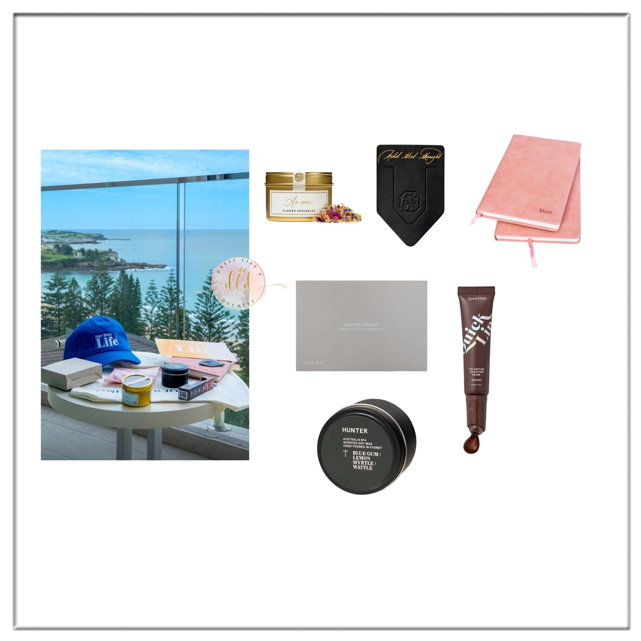 Her Best Life Retreat gift bags including Love Tea collection (Australian brand), Hunter candle (not linkable) and Otto Avenue journal 