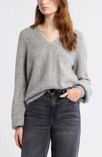 Treasure & Bond Oversize Pointelle V-Neck Sweater in Grey Heather at Nordstrom Rack, Size Xx-Small | Nordstrom Rack