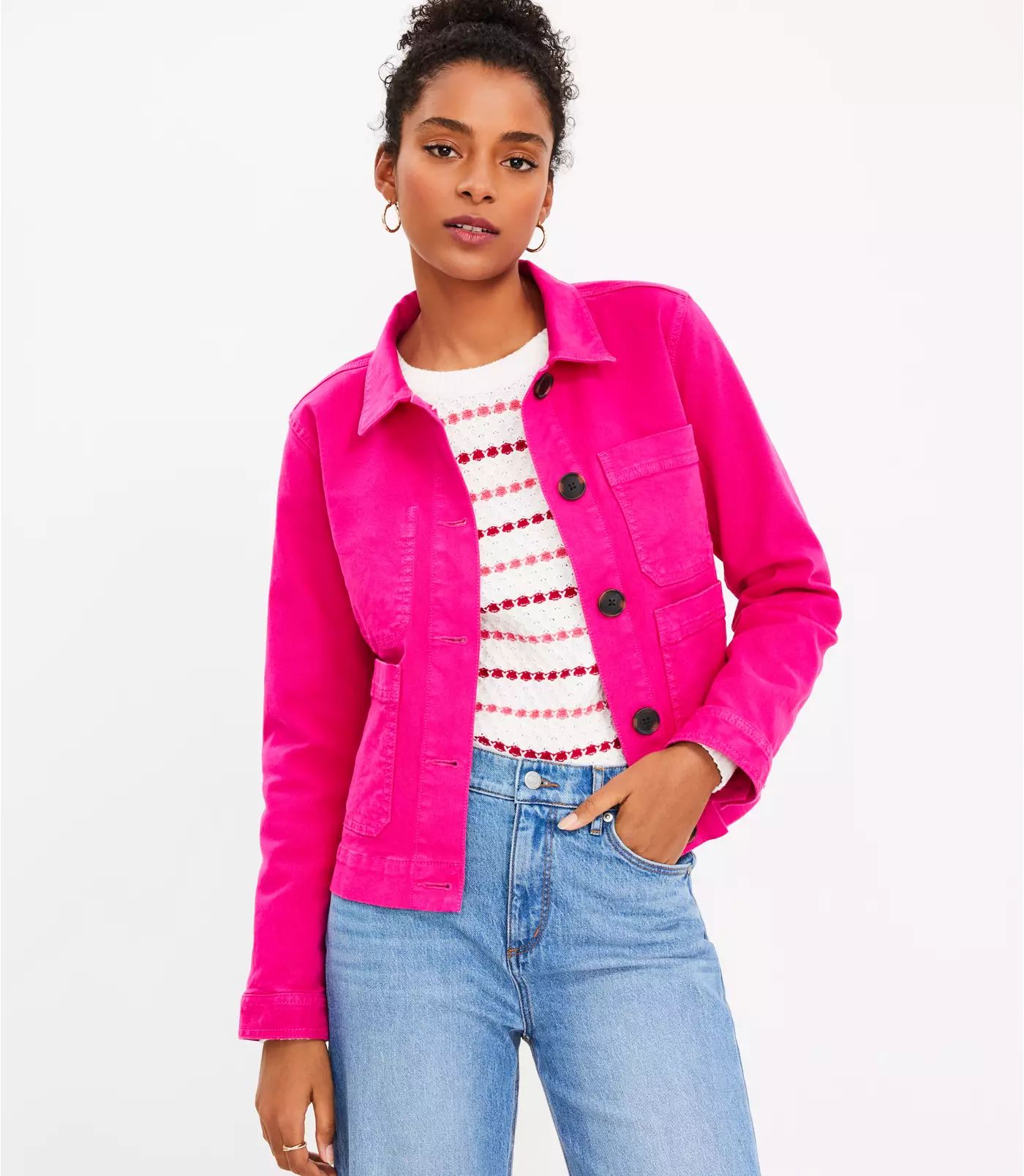 Petite Denim Chore Jacket in Hot Pink Poppy | LOFT