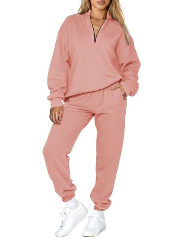 Aleumdr Matching Sets for Women Two Piece Outfits Sweatsuit Long Sleeve 1/4 Zipper Collar Top with Joggers Pants Sets Pink Small | Amazon (US)