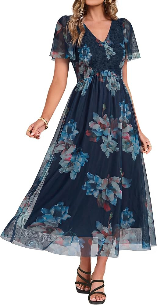 Simplee Womens Wedding Guest Floral Maxi Dress Summer Casual Flowy Smocked V Neck Boho Cocktail D... | Amazon (US)