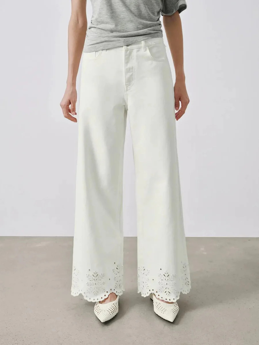 Cotton Guipure Lace Scalloped Hem Wide-Leg Jeans | Urban Revivo