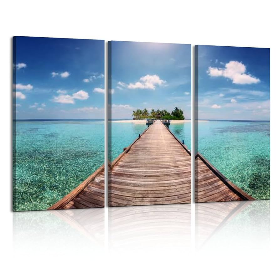 Weone Artwork 3 Panel Canvas Wall Art wooden pier leading to tropical paradise island Stretched &... | Amazon (US)