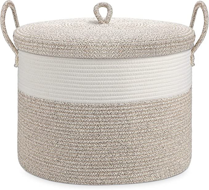 LOVSTORAGE 20.5"x14.5" Large Rope Blanket Basket with Lid, Woven Storage Basket Baby Laundry Bask... | Amazon (US)