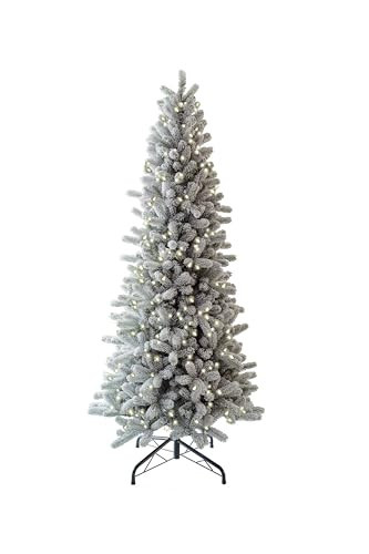 KING OF CHRISTMAS 9ft Pre-lit Slim Flocked Artificial Christmas Tree, King Flock Skinny Christmas Tree with Warm White LED Lights, Flocked Christmas Tree, with Hinged Sections and Metal Stand | Amazon (US)