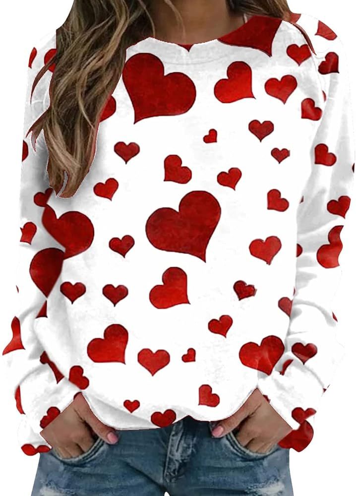 Awoscut Valentine's Day Shirt for Women Love Heart Graphic Tees Crewneck Long Sleeve Pullover Top... | Amazon (US)