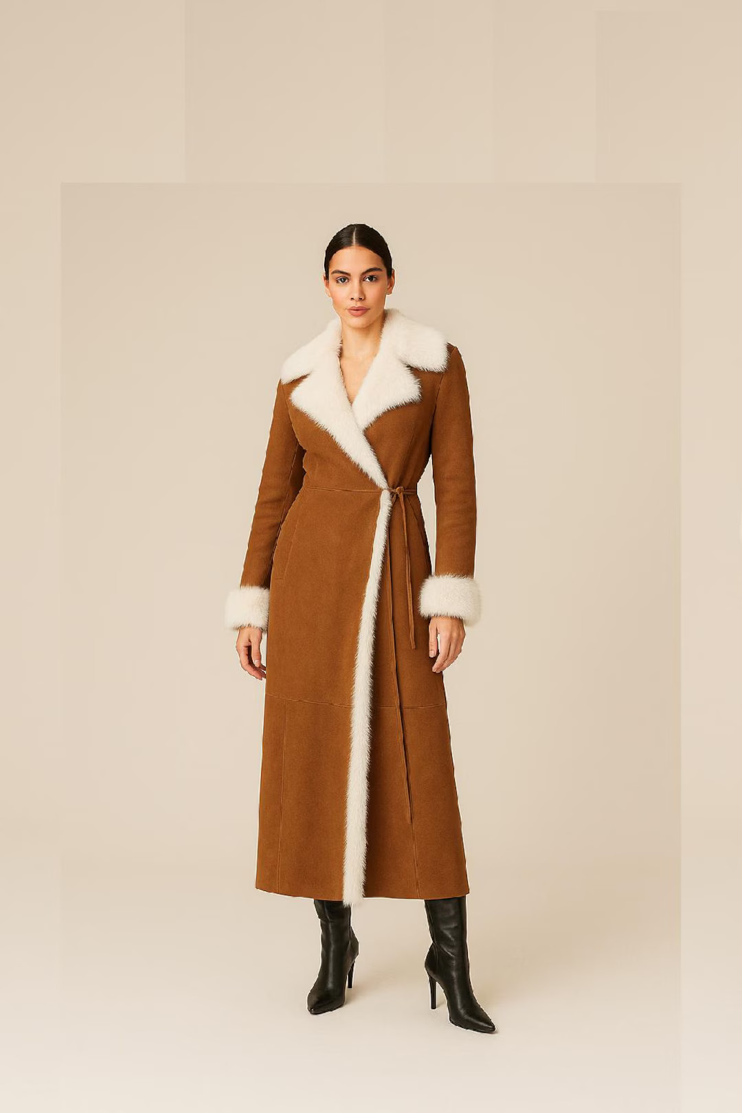 Faux Shearling Suede Coat: Brown Overcoat with White Faux Fur Trim | Etsy (US)