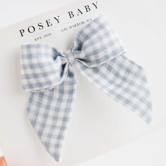 Linen Sailor Bow Clip - Light Blue Gingham Linen - Hair Bow Clip | Etsy (US)