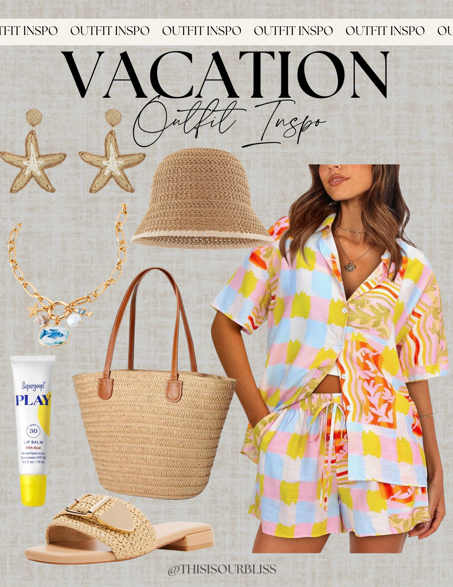 Vacation mode: ON 🌴✨ This colorful set is the perfect mix of comfy and chic for your next getaway! Paired with raffia accessories, gold jewelry, and SPF for that effortless beachy vibe. Shop this look on my LTK! ☀️🛍️ #VacationOutfit 

 #LTKStyleTip #LTKTravel