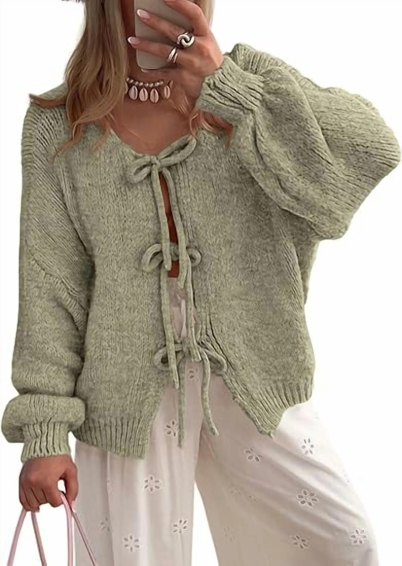 PRETTYGARDEN Women's Tie Front Bow Cardigan Sweaters Chunky Knit Long Puff Sleeve Trendy Fall Win... | Walmart (US)