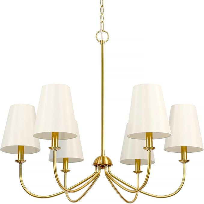 Gold Chandelier, Brushed Brass with Beige Fabric Shade, 6-Light 28" Modern Farmhouse Linear Penda... | Amazon (US)