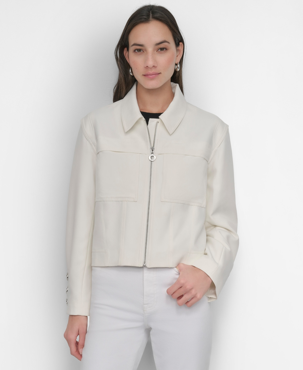 Dkny Women's Zip-Front Long-Grommet-Sleeve Trucker Jacket - Ivory | Macy's