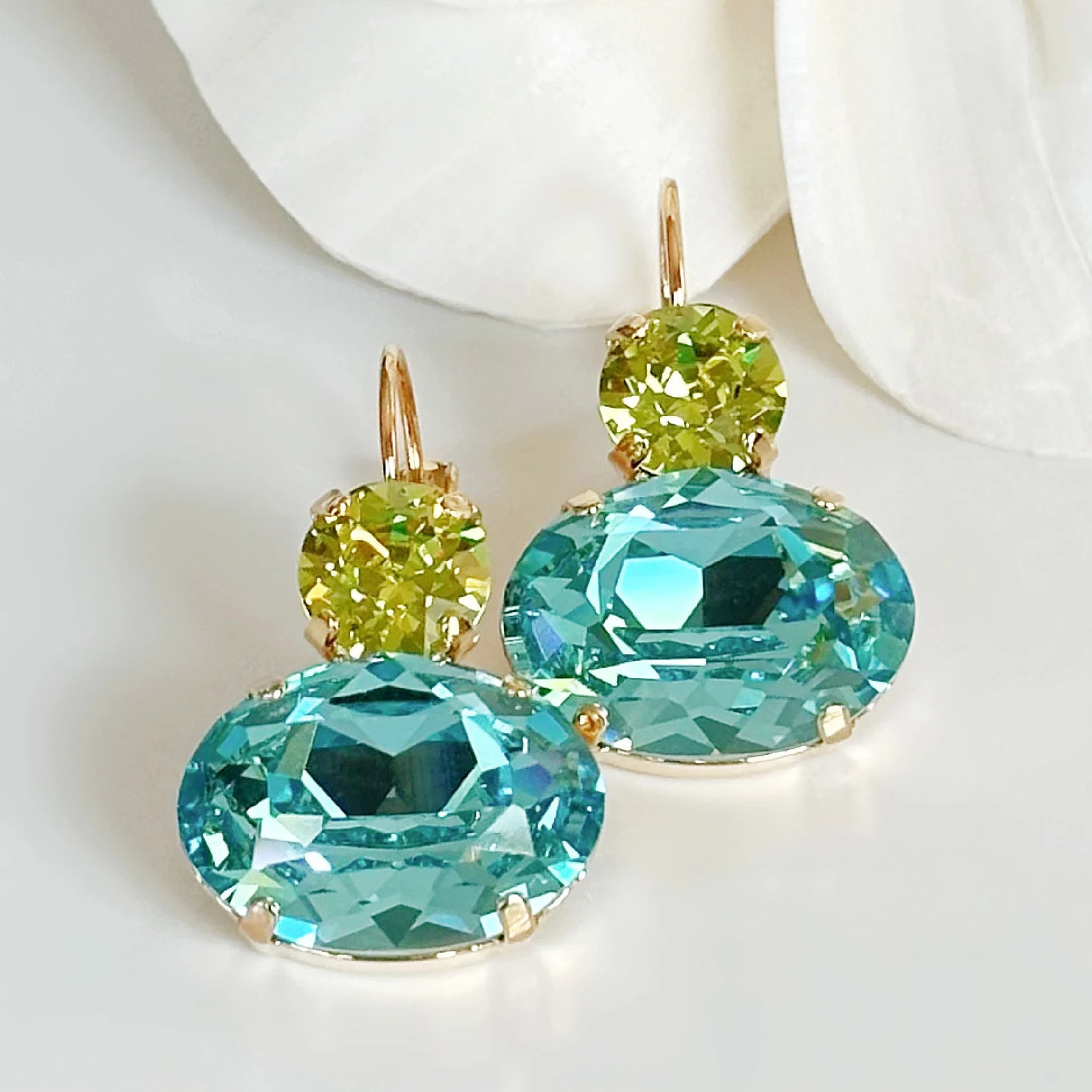 Turquoise and Citrus Crystal Drop Earrings, Crystal Blue and Green Gold Dangle Earrings, Summer E... | Etsy (Global)