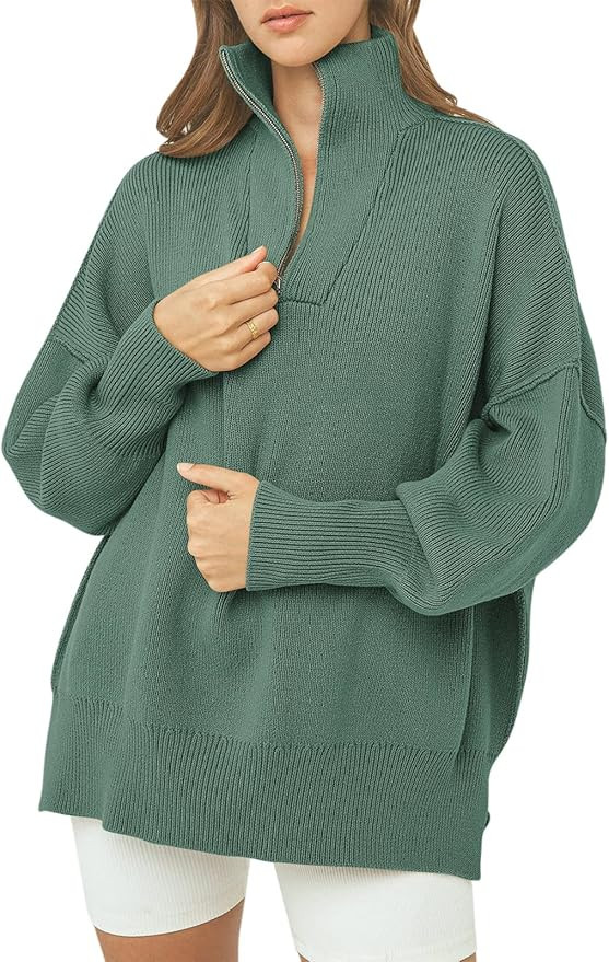 ANRABESS Women's Long Sleeve 1/4 Zipper Collar Drop Shoulder Oversized Slouchy Sweatshirt Pullove... | Amazon (US)