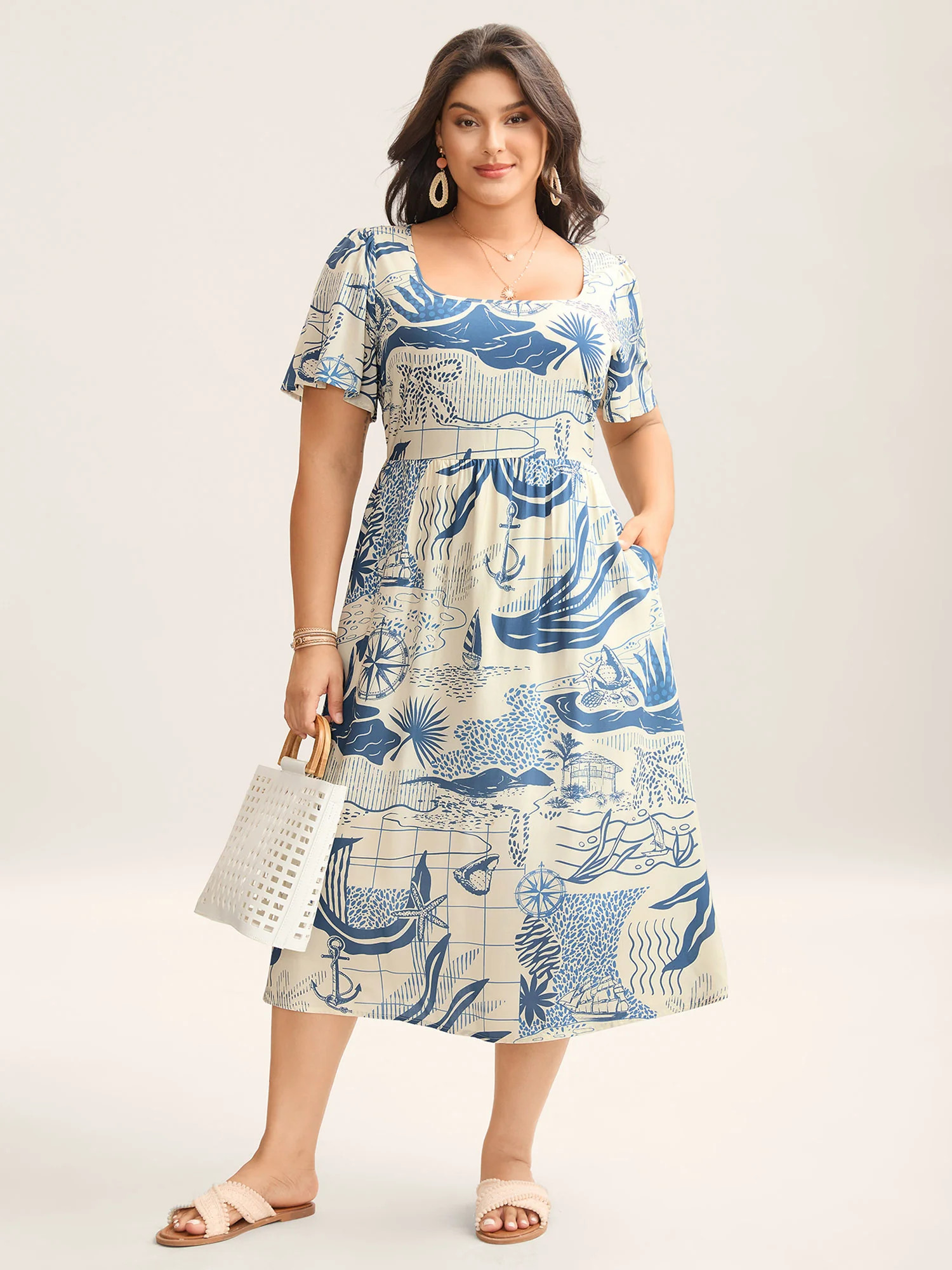 Ocean Symphony Print Pockets Midi Dress | Bloomchic