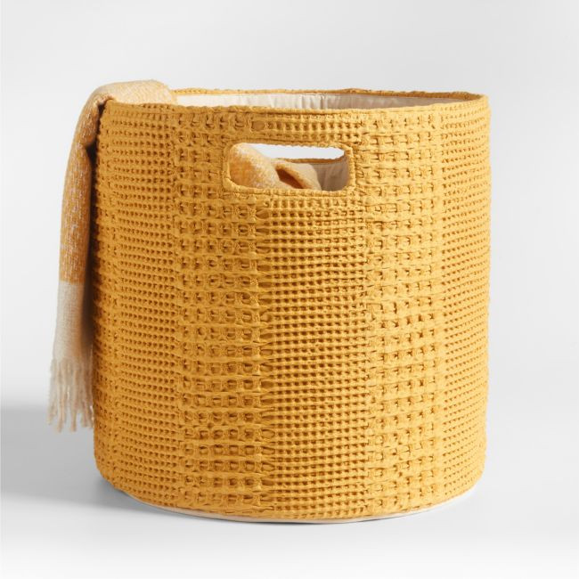 Nella Ochre Yellow Cotton Waffle Weave Large Storage Bin with Handles | Crate & Barrel