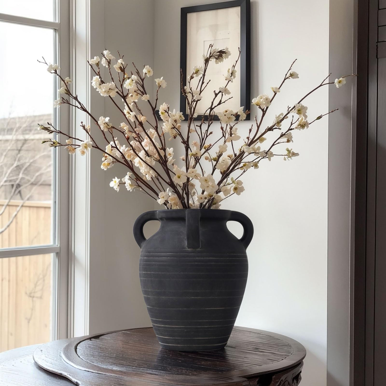 Handmade Black Vase - 10" Tall Terracotta Vase with 4 Ear Design, Wide Mouth Vintage Vase, Rustic... | Amazon (CA)