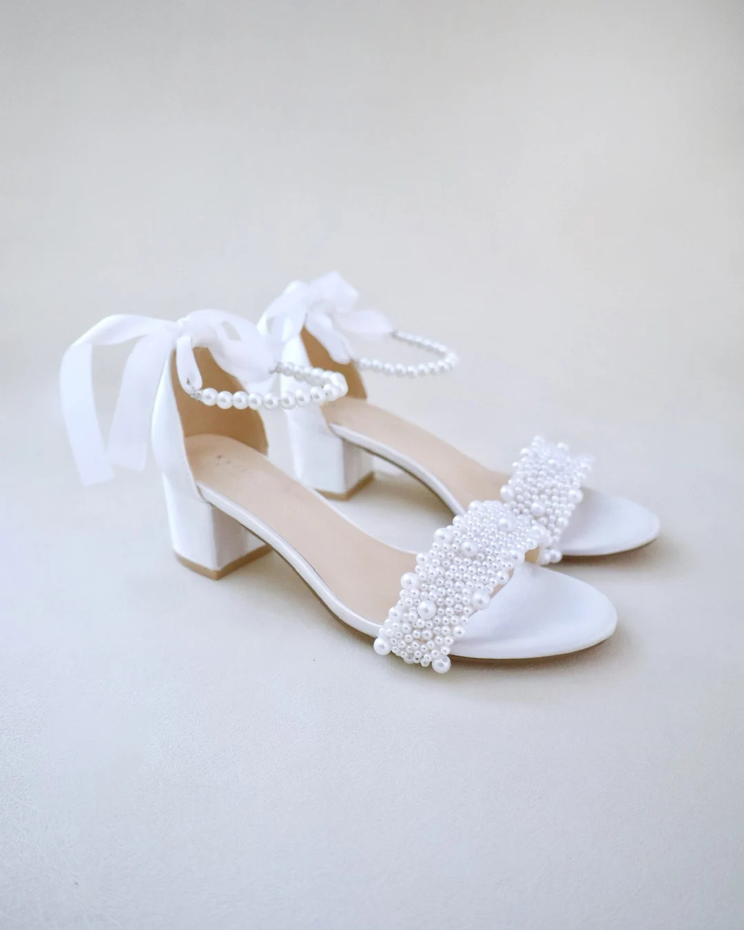 White Satin Block Heel Sandals With Perla Applique and All Pearls Strap, Wedding Shoes, Bridesmai... | Etsy (US)