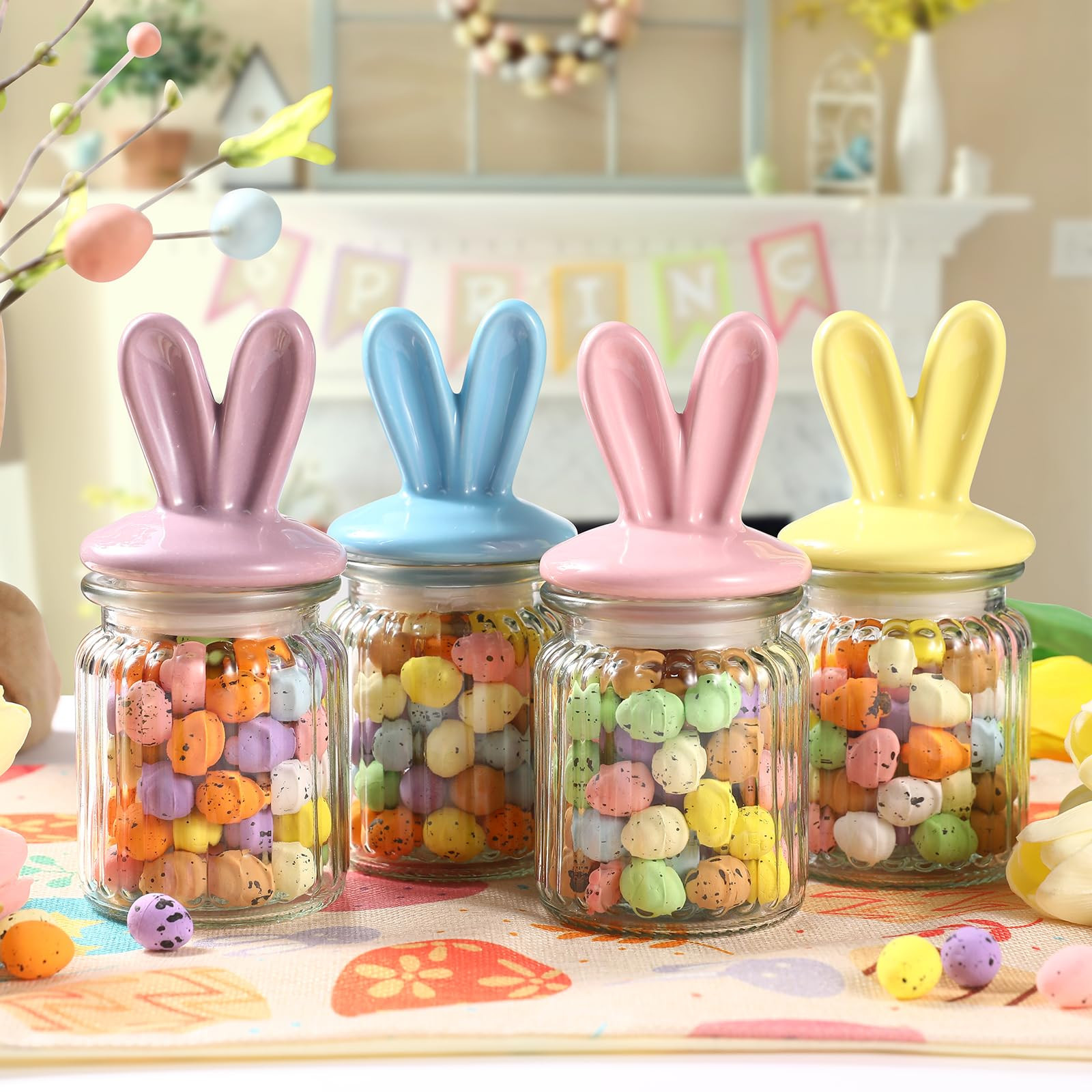 Easter Decorations- 4 PCS Glass Jars with Ceramic Bunny Ear Lid-Easter Glass Storage for Chocolat... | Amazon (US)