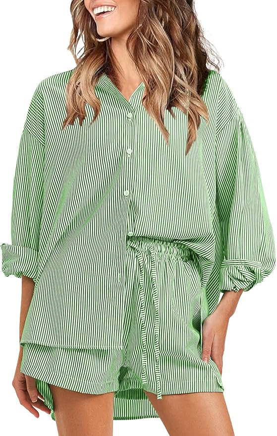 EXLURA Women's Fall 2 Piece Outfits 2024 Long Sleeve Button Down Shirts Matching Short Sets Overs... | Amazon (US)
