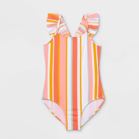 Girls' Striped Ruffle Cabana One Piece Swimsuit - Cat & Jack™ Coral | Target