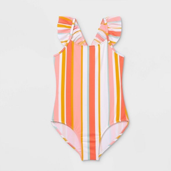 Girls' Striped Ruffle Cabana One Piece Swimsuit - Cat & Jack™ Coral | Target