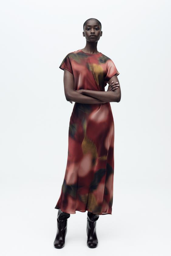 PRINTED SATIN EFFECT MIDI DRESS | Zara US